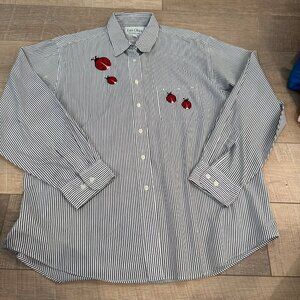 LAS OLAS WOMENS BLACK AND WHITE STRIPE BUTTON DOWN SHIRT WITH LADY BUGS XL